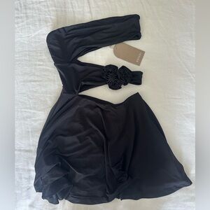 Meshki Black One-Shoulder Mini Dress with Floral Waist Rosettes
